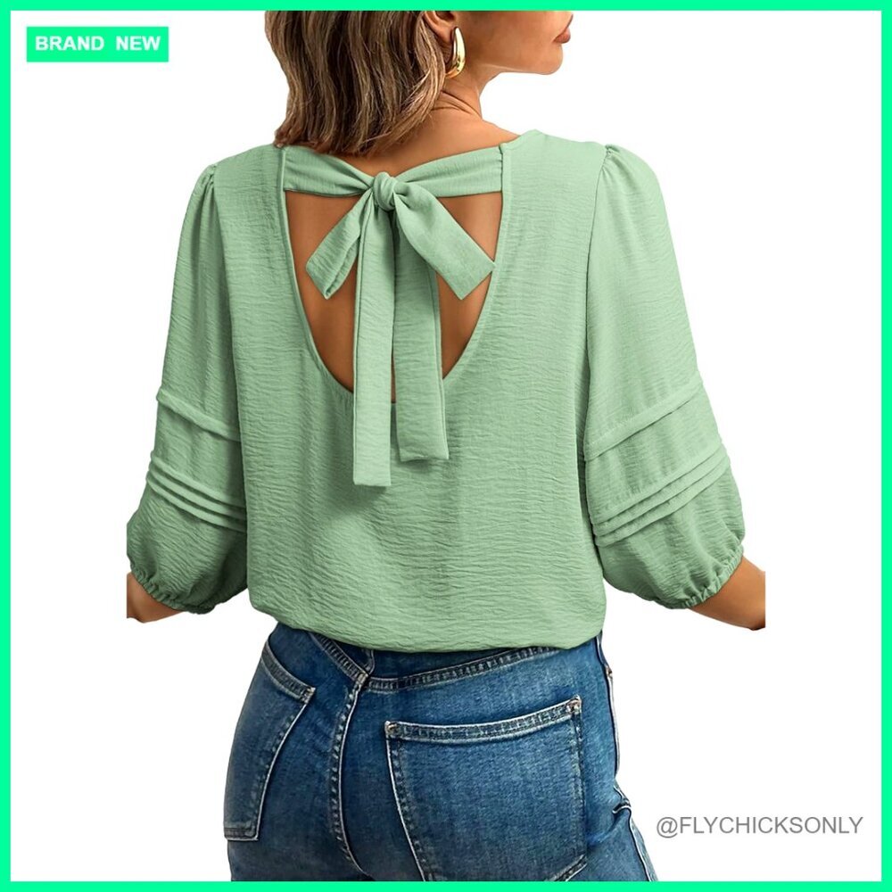 Loose Fit 3/4 Sleeve Blouse Crew Neck Back Tie Business Casual Top